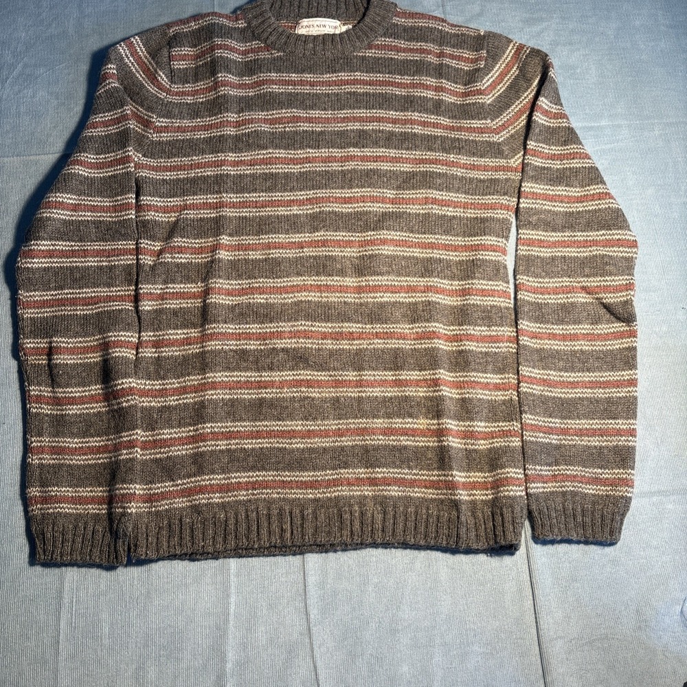 Jones New York 100% Virgin Wool Striped Crewneck Sweater Brown Mens Small